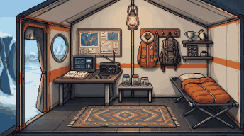 Ilustração em pixel art de uma estação de pesquisa na Antártica, com mesa, computador e mapas na parede