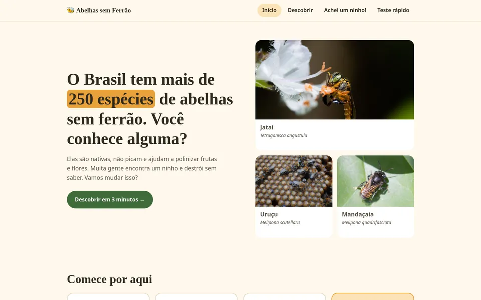 Page d’accueil d’Abelhas sem Ferrão : la question sur les 250 espèces à côté des photos de la jataí, de l’uruçu et de la mandaçaia