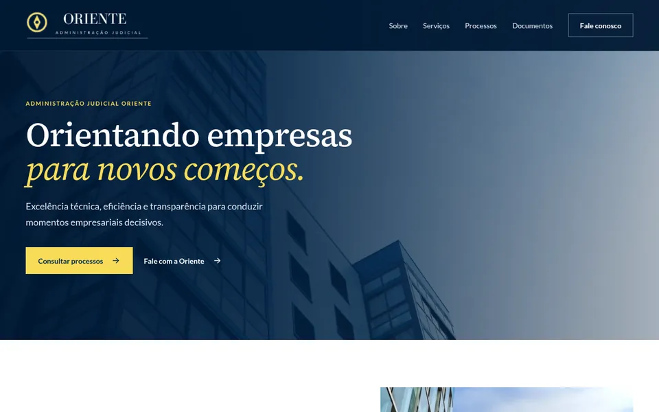 Página inicial da Administração Judicial Oriente: “Orientando empresas para novos começos”