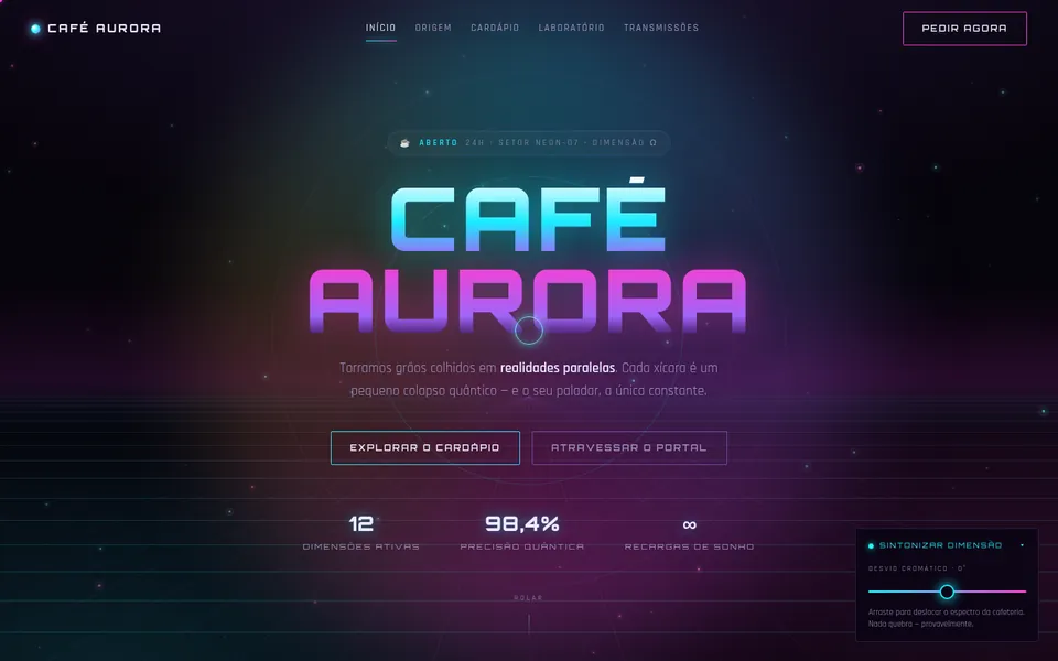 Page d’accueil du Café Aurora : le nom en néon bleu et rose sur une ville cyberpunk la nuit