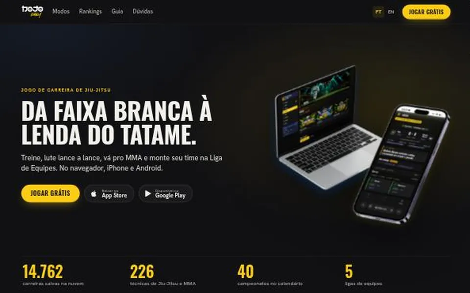 Página inicial do Dojo Legacy: “Da faixa branca à lenda do tatame”, com o jogo no computador e no celular