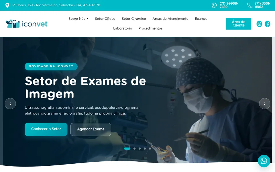 Página inicial da Iconvet, clínica veterinária em Salvador, com o destaque do setor de exames de imagem