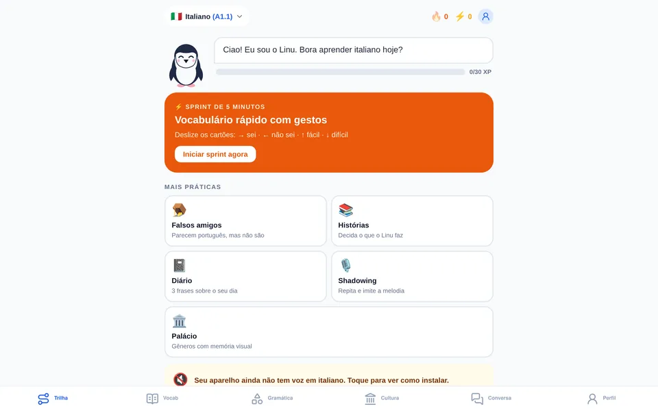 Tela da LinuPedia com o Linu e a trilha de italiano