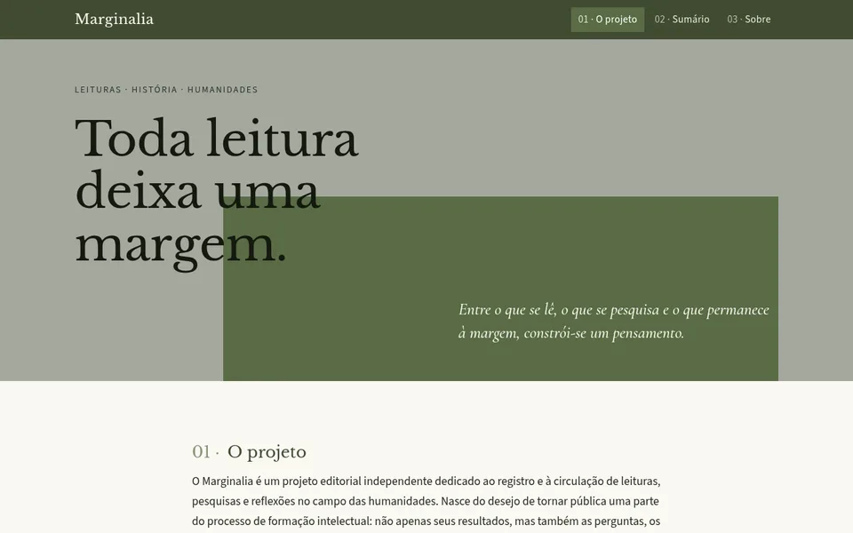 Página inicial da Marginalia, publicação de História e humanidades