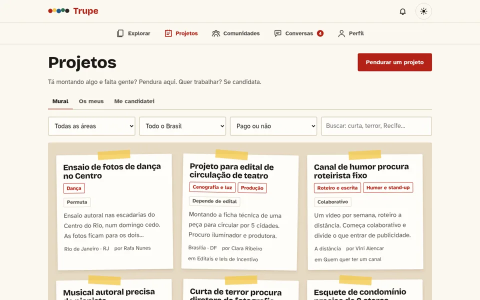 O mural de projetos da Trupe: bilhetes presos com fita, cada um com as áreas procuradas e o tipo de participação