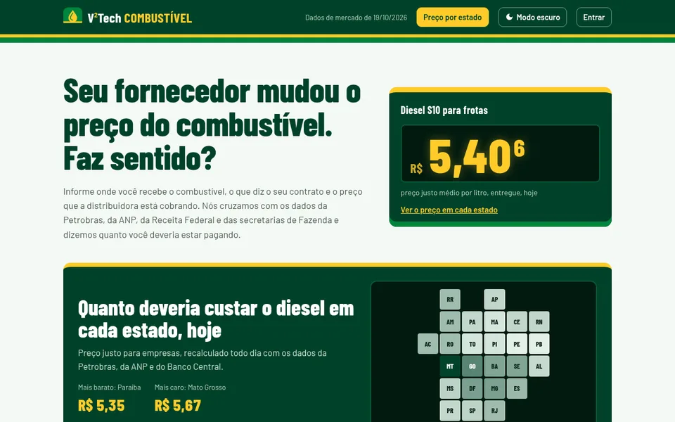 Página inicial do V²Tech COMBUSTÍVEL com o preço justo do diesel